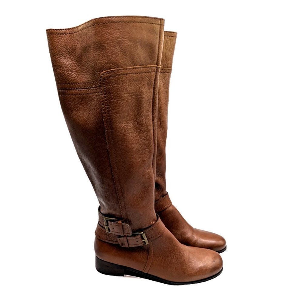 Nine West DK Natural Brown Pebble Leather Tall Full Zip Boots Shoes 6.5